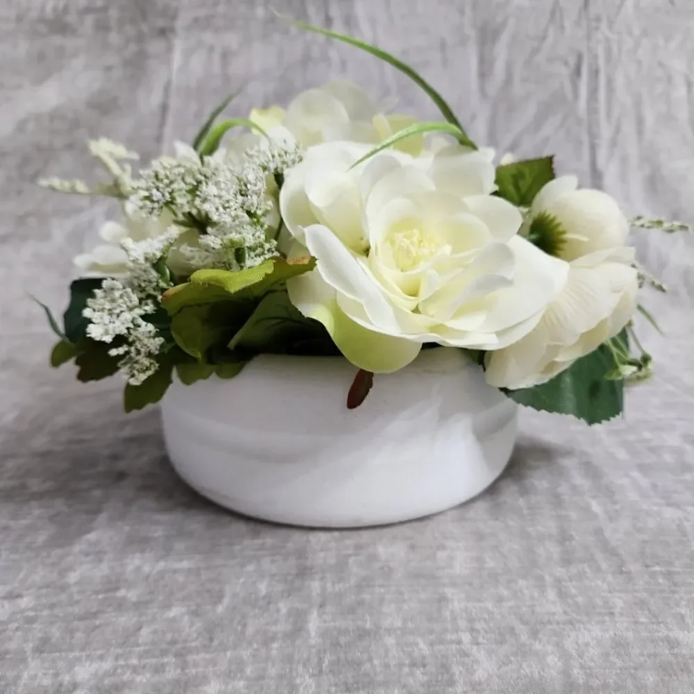 New Silk Ivory Rose and Hydrangeas Arrangement in Ivory Round Vase
